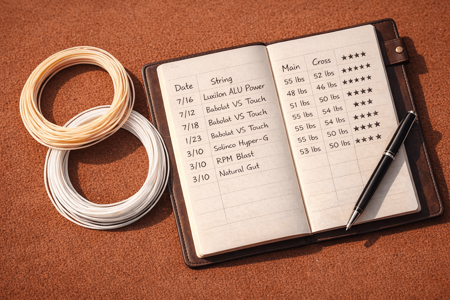 Caderno de registro de cordas de tênis — log com datas, nomes de cordas, tensões e avaliações
