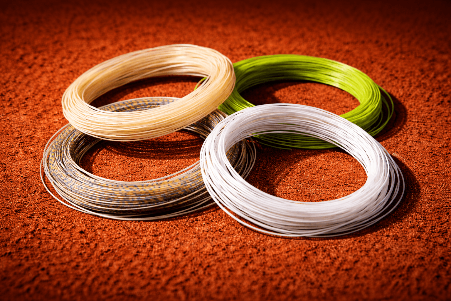 क्ले कोर्ट पर रखी टेनिस स्ट्रिंग — नेचुरल गट, पॉलिएस्टर, मल्टीफिलामेंट